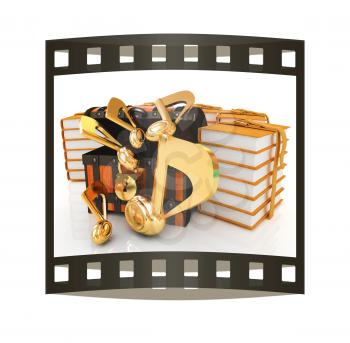 Chest with leather books around and music notes beside. Retro concept of best of the best musical education. 3d render. Film strip.
