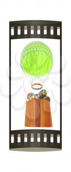 Hot Colored Air Balloon with a basket and Easter eggs inside. 3d render
