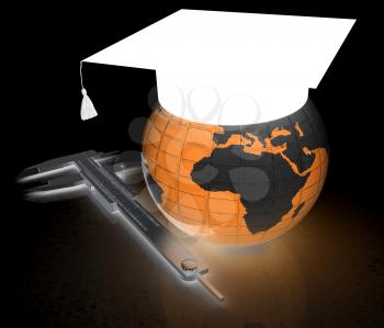 Earth in hard hat with caliper. 3d render. On a black background.
