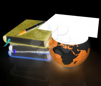 Notepads, pen and Earth in graduation hat. 3d render. On a black background.