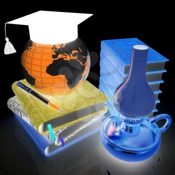 Global of Education concept with Earth, retro kerosene lamp, leather books, notebooks and graduation hat from above. 3d render. On a black background.