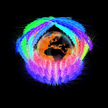 Colored basket of the ears of wheat. Global concept with ball globe Earth. 3d render. On a black background.