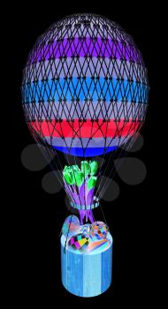 Hot Colored Air Balloon with a basket, Easter eggs inside and tulips. 3d render. On a black background.