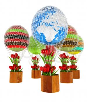 Hot Air Balloons and balloon of Earth and tulips in a basket. 3d render