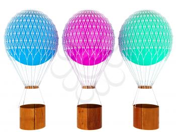 Hot Colored Air Balloons and a basket. 3d render