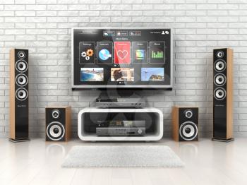 Home cinemar system. TV,  oudspeakers, player and receiver  in the room. 3d