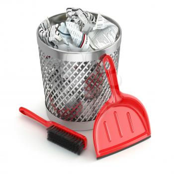 Cleaning concept.Garbage bin, dustpan or scoop and brush. 3d