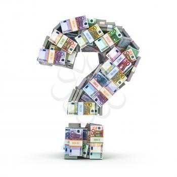 Question sign from packs of euro isolated on white. Where to invest money concept. 3d