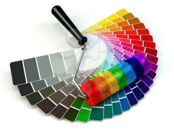 Roller brush and color guide palette in rainbow colors. 3d