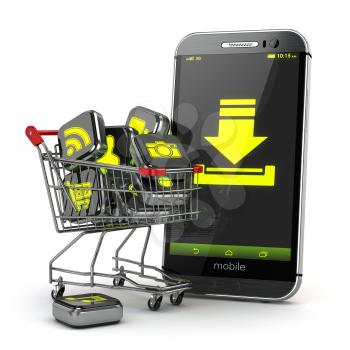 Downloading mobile apps concept. Application software icons in shopping cart and smartphone. 3d