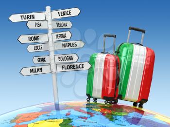 Travel concept. Suitcases and signpost what to visit in Italy. 3d