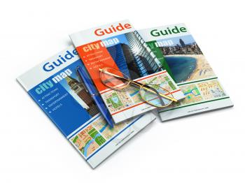 Travel guide books on white isolated background. 3d