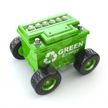 Accumilator or car battery on the wheel. Green energy concept. 3d