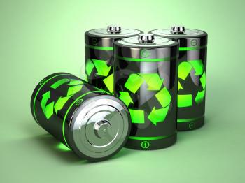 Green battery recycling concept. Eco background. 3d