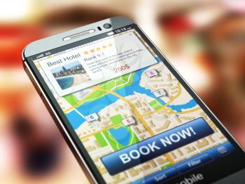 Online accommodation booking concept. Smartphone and system  hotel reservations on the screen. 3d