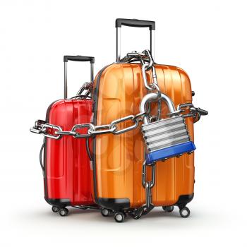 Luggage with chain and lock. Security and safety of baggage or end of travelling concept. 3d