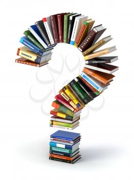 Question mark from books. Searching information or FAQ edication concept 3d