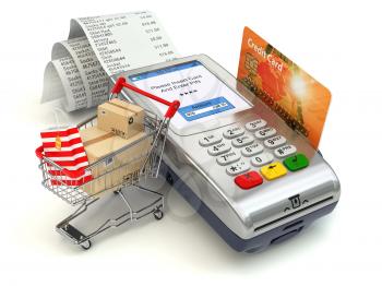 Shopping online concept. Pos terminal with credit card and shopping cart and bag with purchases. 3d