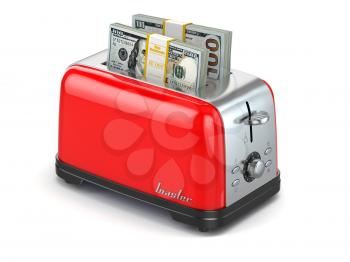 Toaster baking dollars. Financial business concept. 3d