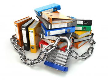 Information protection.  File folder and chain with lock. Data and privacy security. 3d