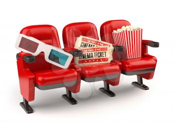 Cinema movie concept. Red seats with tickets, popcorn and 3d glasses isolated on white.