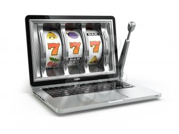 Casino online concept, gambling. Laptop slot machine. 3d