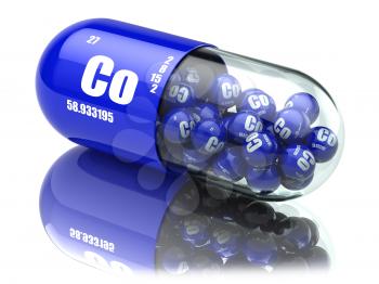 Pills with cobalt Co element Dietary supplements. Vitamin capsules. 3d