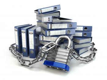 File folder and chain with lock. Data and privacy security. Information protection. 3d