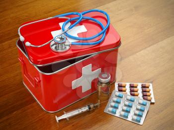 First aid kit with stethoscope, pills and syringe on the table. 3d