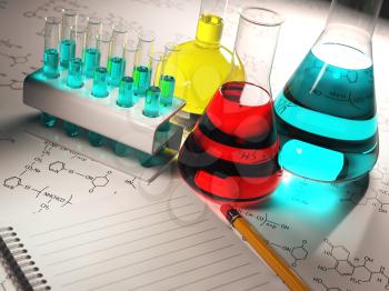 Science chemistry concept. Laboratory test tubes and flasks with colored liquids. 3d