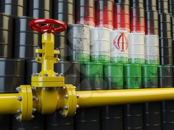 Oil pipe line valve in front of the Iranian flag on the oil barrels. Iranian gas and oil fuel energy concept. 3d illustration