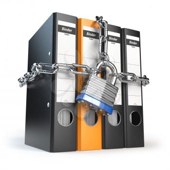 Data and privacy security. Information protection. File folder and chain with lock. 3d illustration