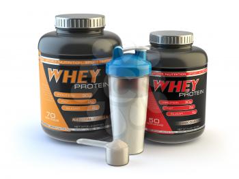 Sport nutrition, whey protein powder for bodybuilding with plastic jars and shaker isolated on white. 3d