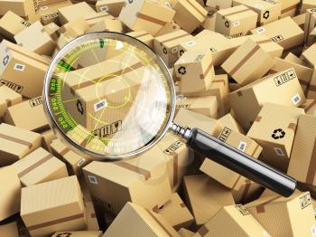 Delivery, shipping, logistics concept. Cardboard box tracking search. Loupe with aim and boxes. 3d illustration