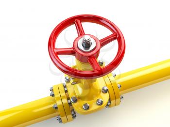 Yellow gas pipe line valves isolated on white. Fuel and energy industrial supply concept. 3d illustration