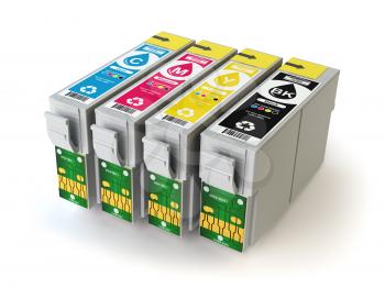 CMYK cartridges for colour inkjet printer isolated on white. 3d illustration
