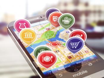 Mobile GPS navigation concept. Smartphone and application with restaurants, cinema, markets. 3d illustration