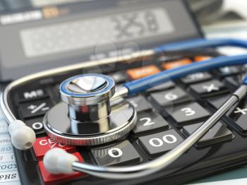 Health care costs concept. Stethoscope and calculator  of medical insurance. Medical  background. 3d illustration.
