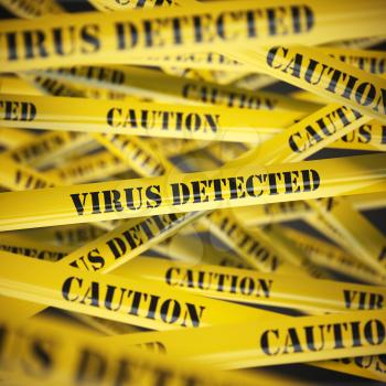 Virus detected yellow caution  tape background. Security concept. 3d illustration
