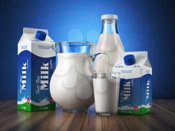 Milk. Glass jug, glass, bottle and carton packs with milk. 3d illustration