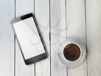 Mobile phone and coffee cup on wooden background. 3d illustration