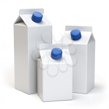 Milk or juiice blank white carton packs Isolated on white. 3d illustration