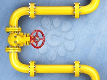 Yellow gas pipeline valve on a blue wall. Space for text. 3d illustration
