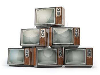 Heap of retro TV sets isolated on white background. Communication, media and television concept. 3d illustration
