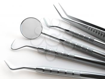 Dental tools set for teeth dental care isolated on white. Stomatology concept. 3d illustration