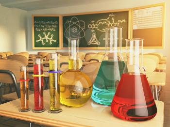 Laboratory glassware with formula on blackdesk in the school chemistry lab. 3d illustration
