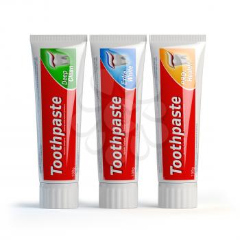 Three toothpaste containers on white isolated background. 3d illustration
