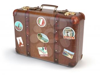 Retro suitcase beggage with travel stickers isolated on white background. 3d illustration