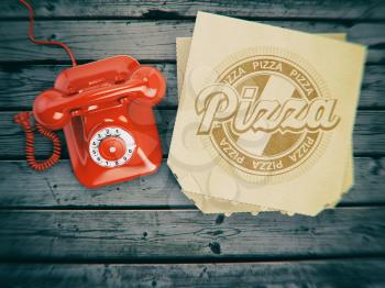 Pizza ordering and delivery concept. Vintage telephone and pizza boxes on wooden background. 3d illustration