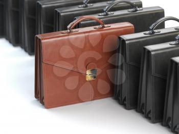 Choosing stock market portfolio or briefcase concept. One unique brown briefcase in the row of black briefcases. 3d illustration